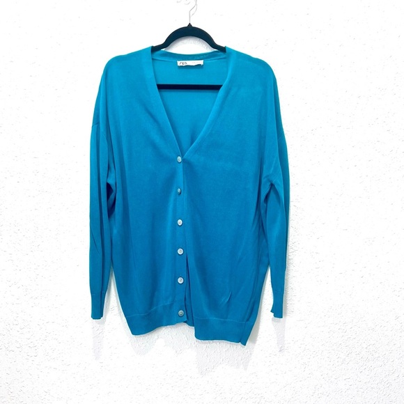 Zara Blue Cardigan Sweater V-Neck Knit medium - Picture 1 of 7